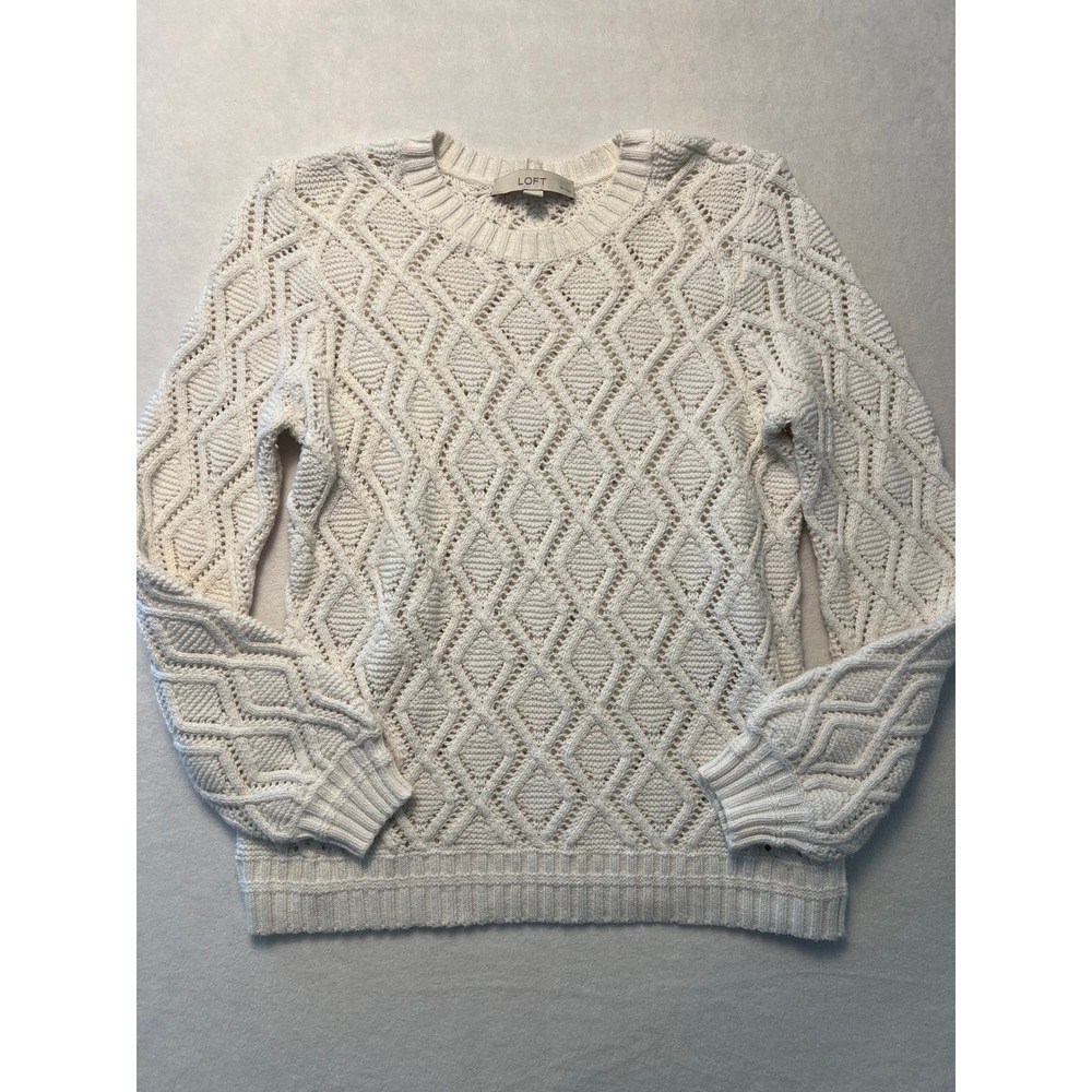 LOFT MP Sweater Boho Cottagecore Preppy Indie White Open Knit Pointelle Grandma